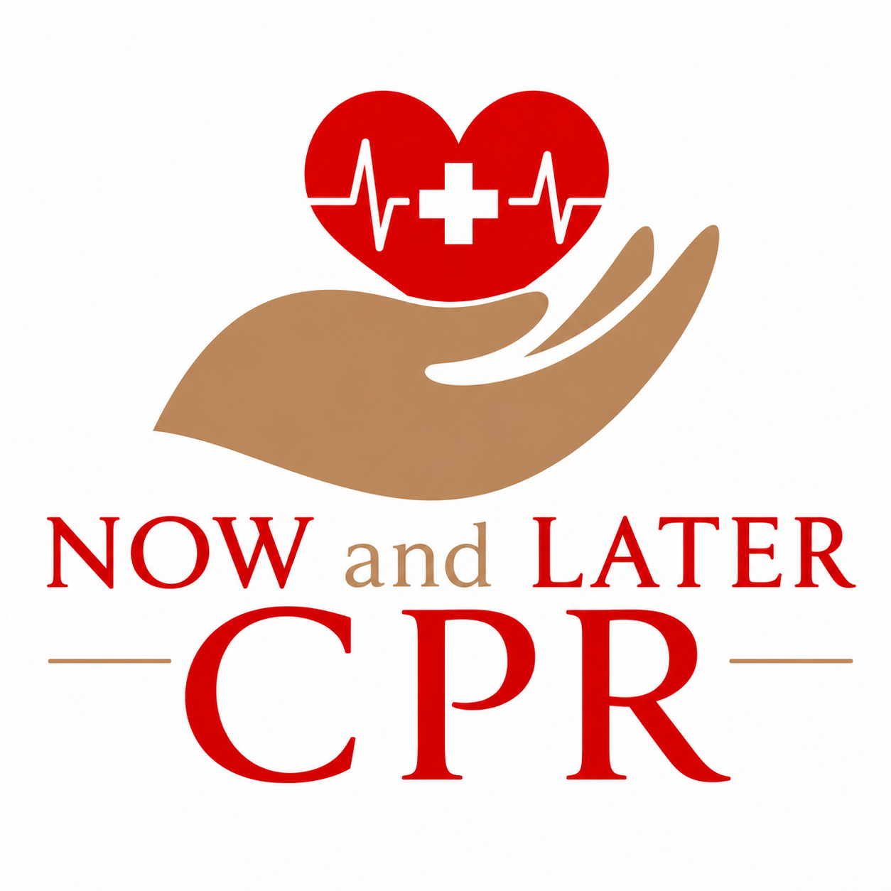 Logo of Now and Later CPR featuring a hand holding a heart with a medical cross and heartbeat line.